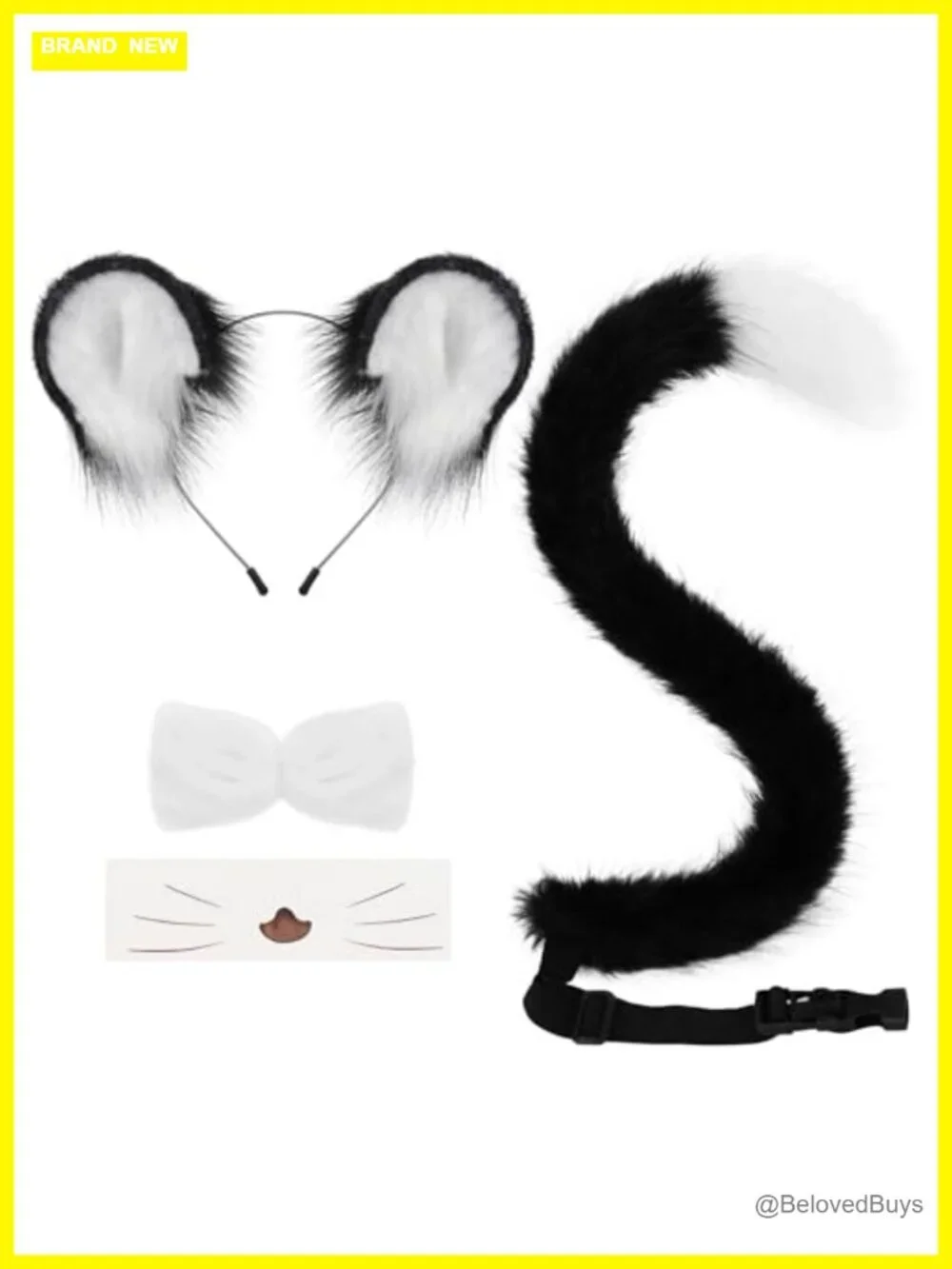 Faux Fur Animal Ear Headband Tail Bow Tie Face Sticker Costume Set